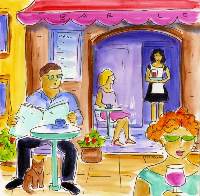 cafe provence library show sketchbook style acrylic with watercolor technique
